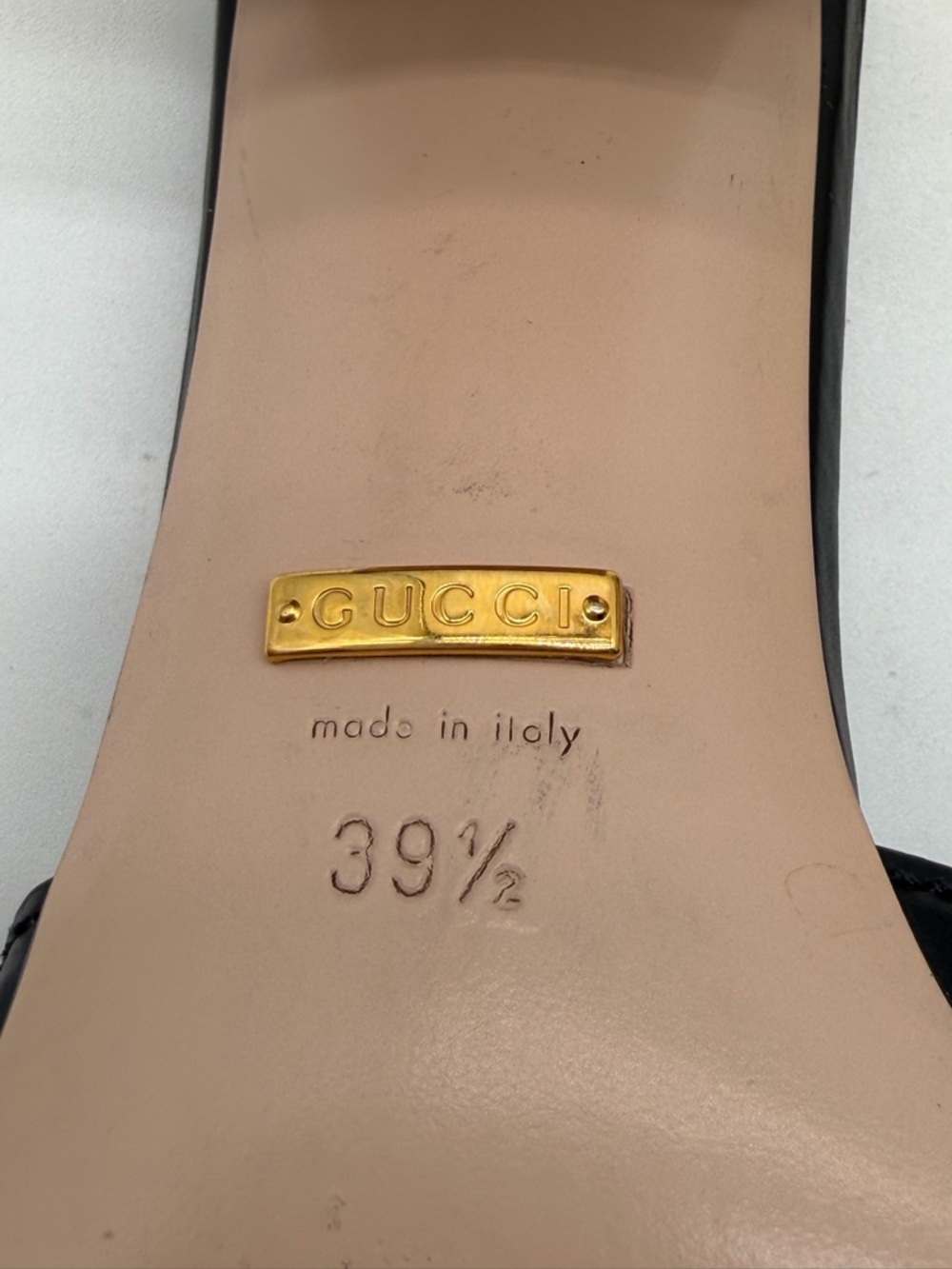 Gucci Cosmos Cut Out GG Slide Black Leather Sandals Gold Heel EU 39.5 US 9.5 - Picture 7 of 11